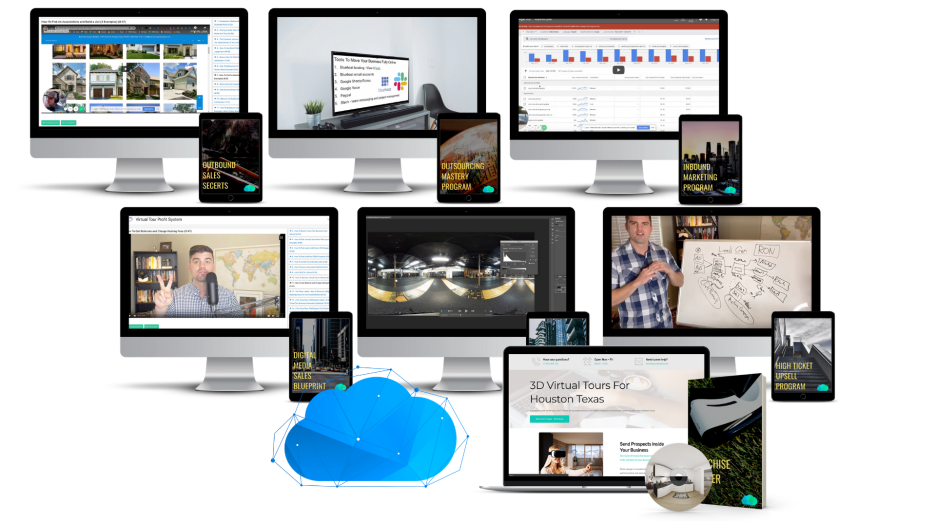 VTPS - Virtual Tour Profit System comprehensive business platform showing multiple devices with real estate listings, analytics dashboards, virtual tours, and cloud connectivity